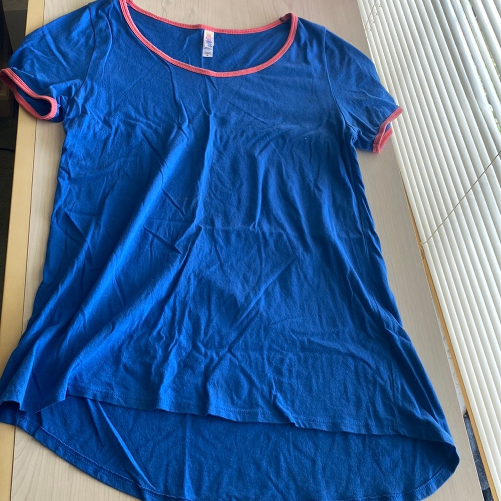 Blue Lularoe shirt with coral trim